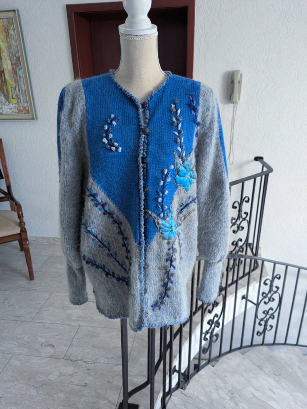 Vintage 80s/90s Blue Mohair Wool Cardigan Sweater Embroidery Women Size M